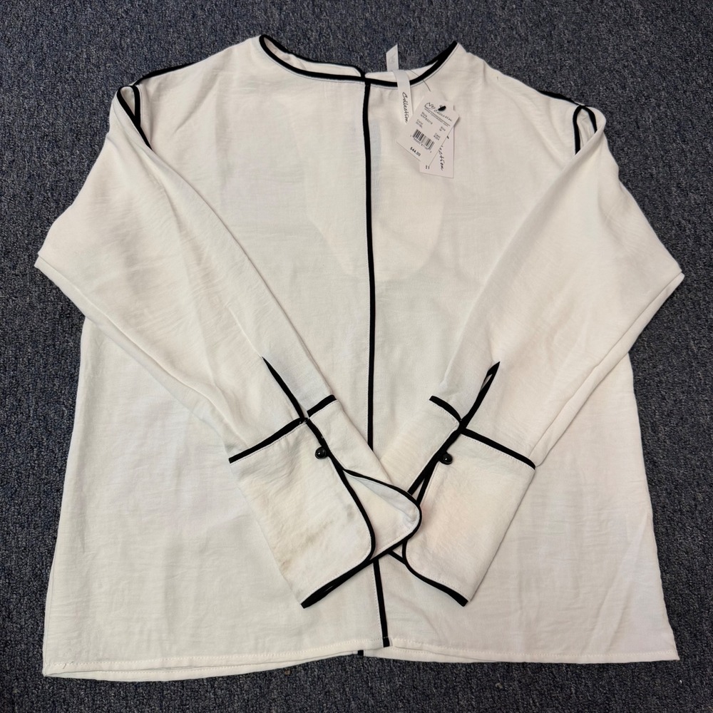 NY Collection Womens White Black Contrast Piping Blouse Top MAFB3219 Size M NEW